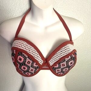XHILARATION rust multi print bikini halter top size D/DD
